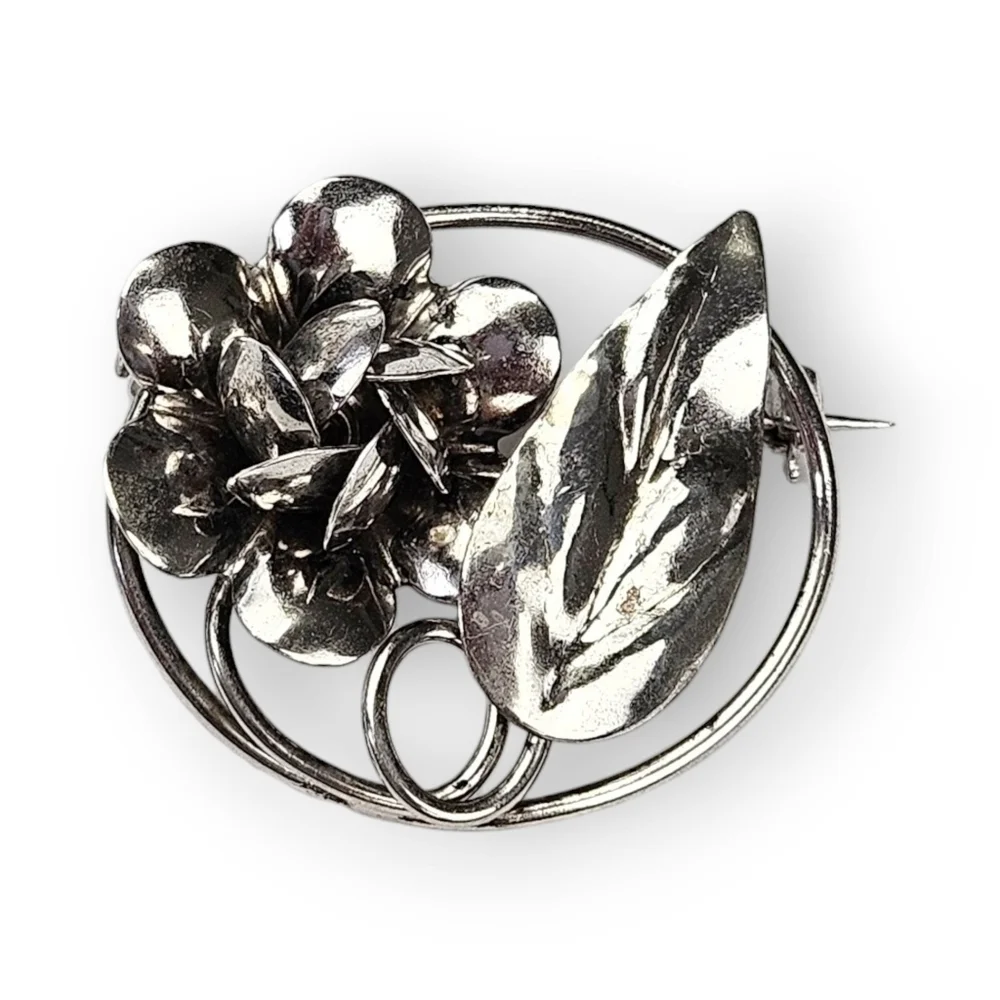 Vintage Sterling Rose Brooch Floral Dimensional Flower 925 Silver 1950s 1.25